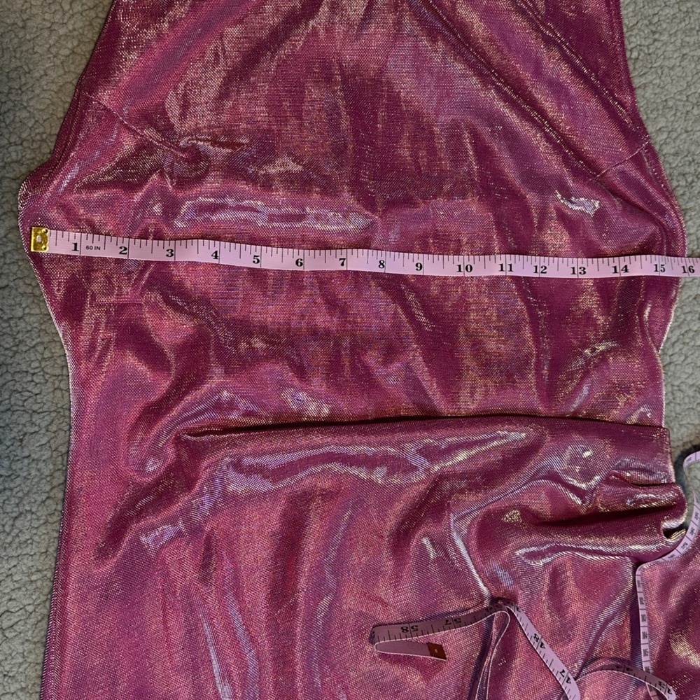 Lulus Women's Metallic Pink Halter Mini Dress Small Ruched Bodycon Tulip Hem - Picture 9 of 12